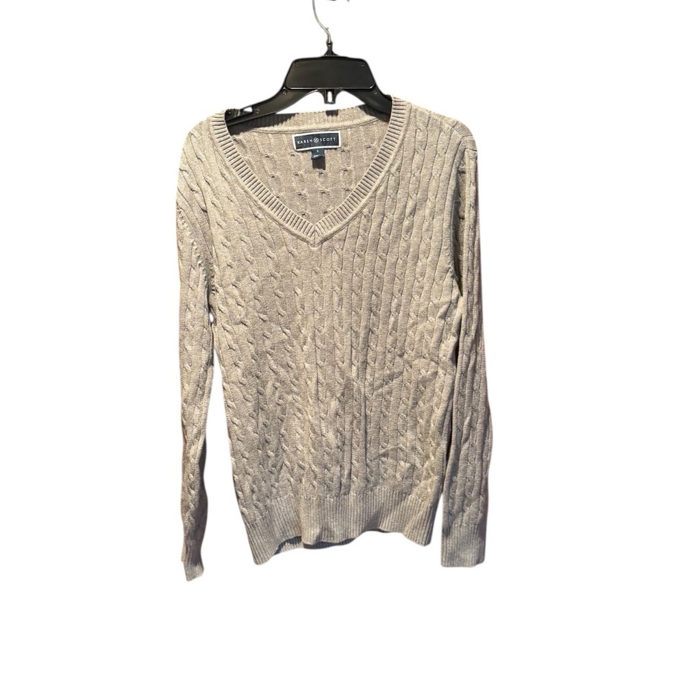 Karen Scott Women's V-neck Cable Knit Sweater in Gray Small